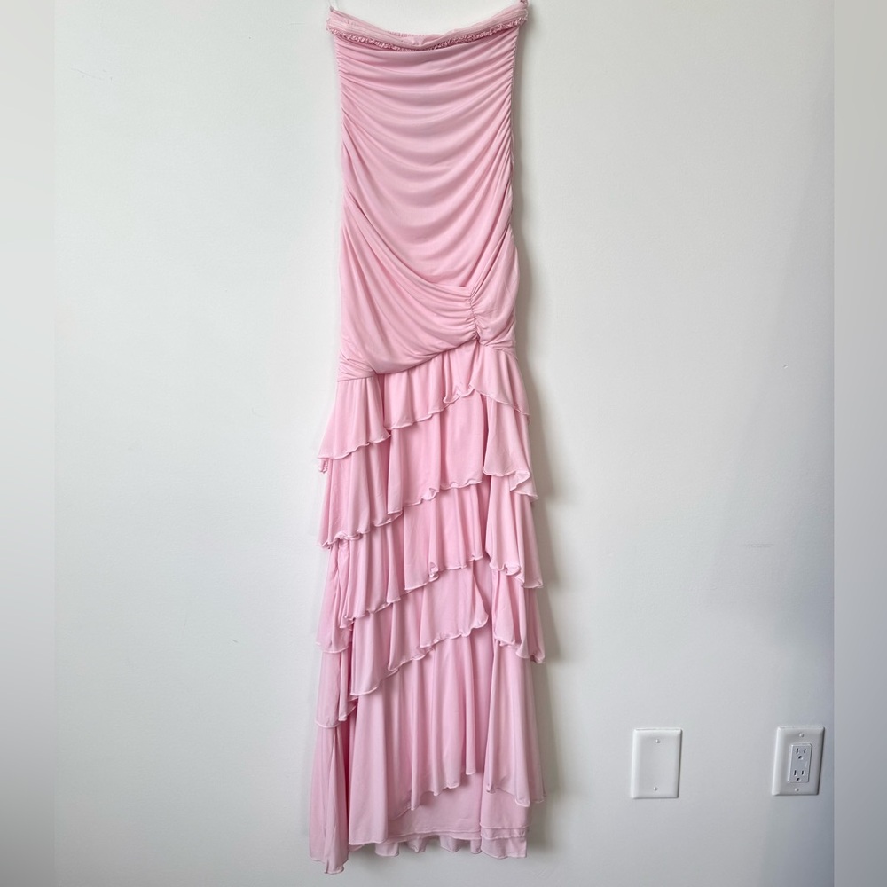 Oh Polly Hayami Bandeau Ruched Ruffle-Trim Maxi Dress in Blush - Size 2 - Picture 8 of 16